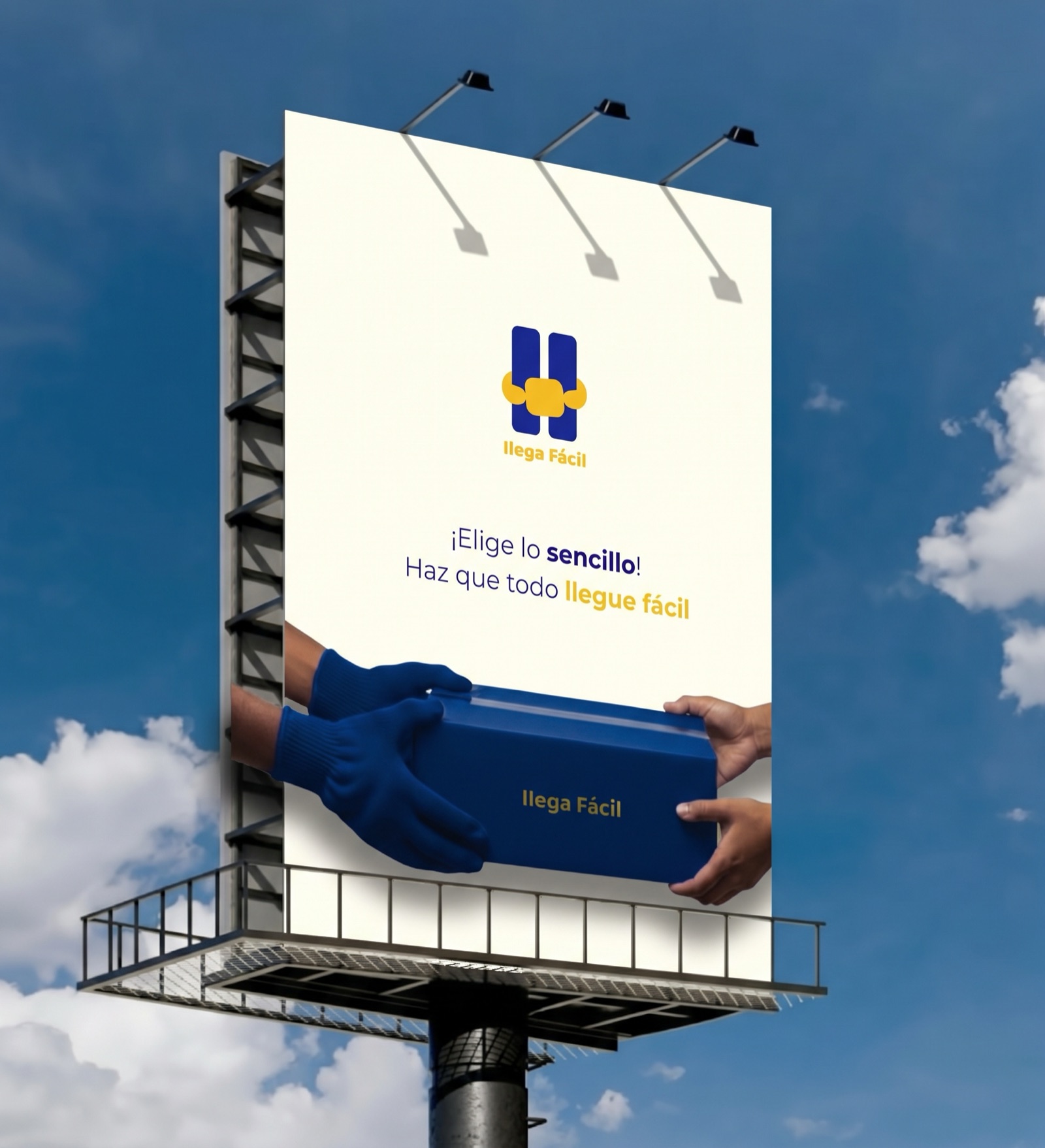 Espectacular publicitario iluminado con un anuncio de la marca «llega Fácil» frente a un cielo azul