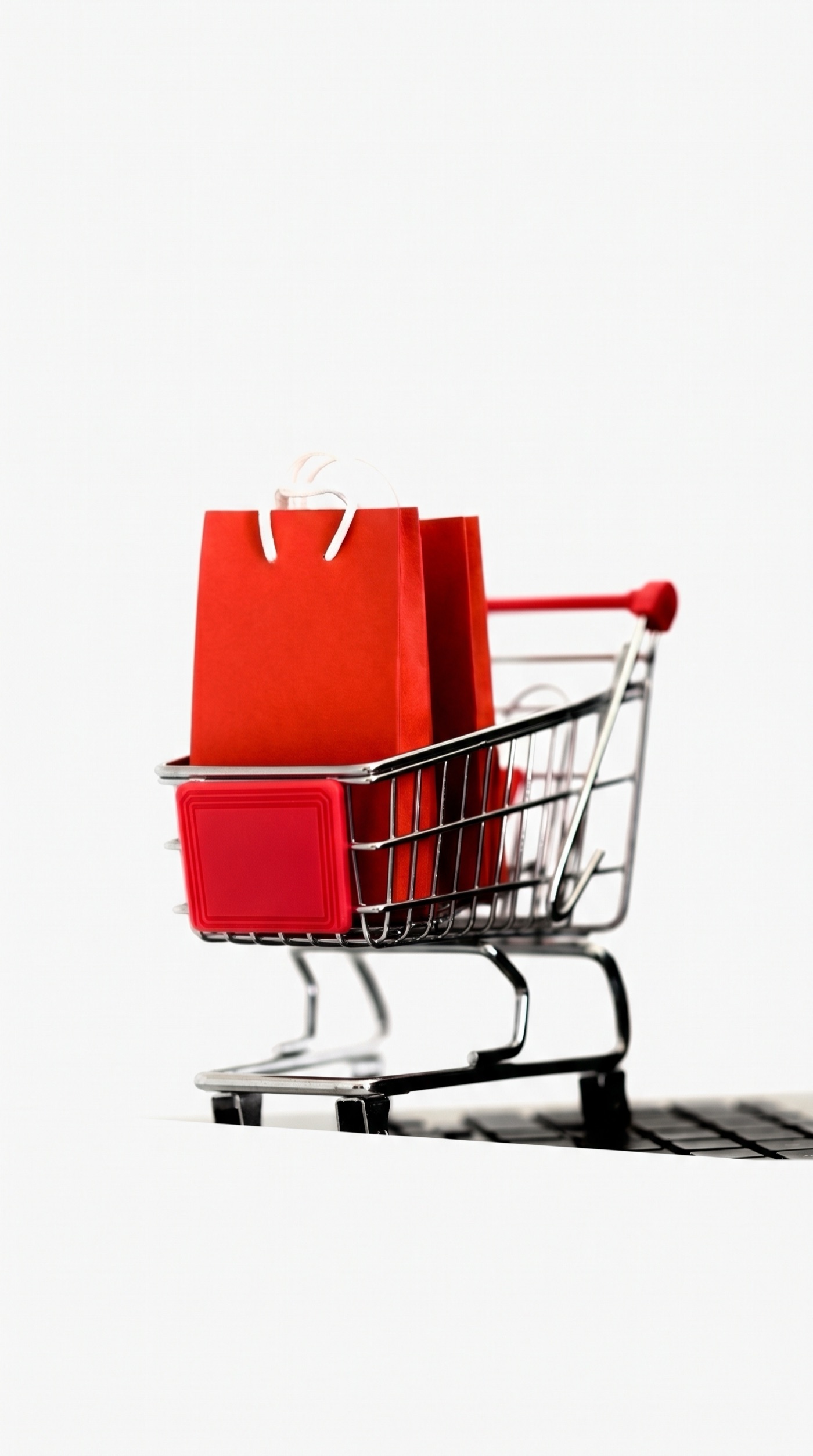 Carrito de compras con bolsas rojas sobre un teclado, que representa las compras en línea